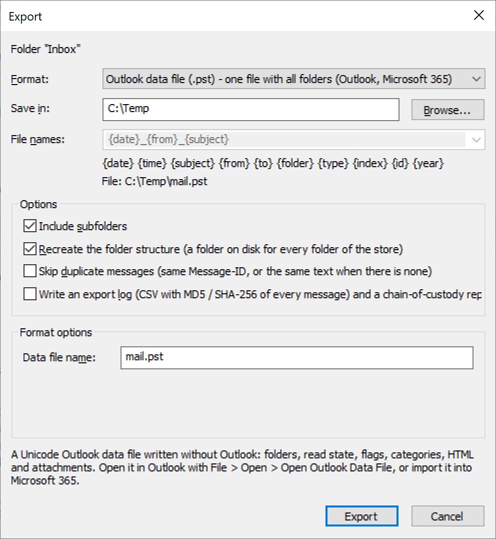 Export MBOX mailboxes to Outlook PST