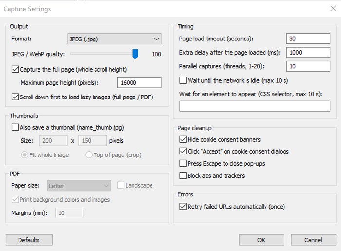 Website Thumbnail Capture settings dialog