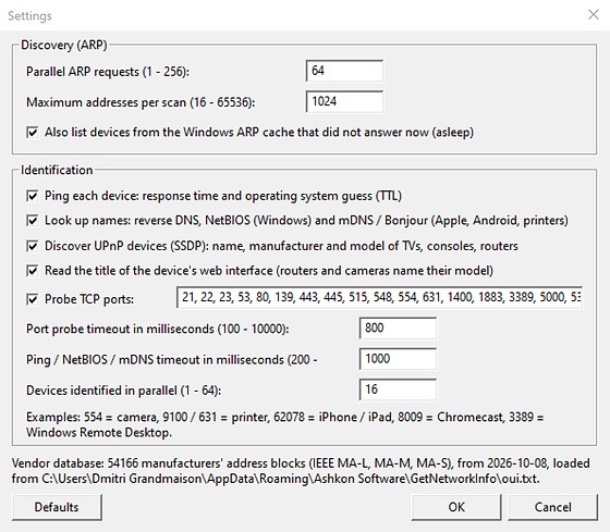 GetNetworkInfo Settings dialog