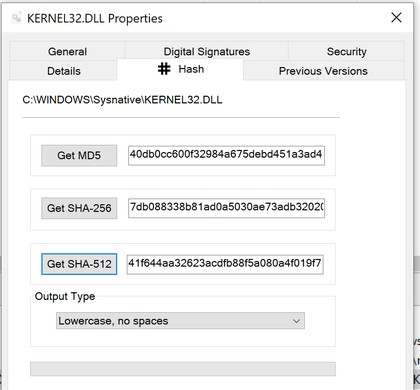Hash page in the file Properties dialog