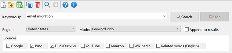 Keywords Search Tool search options