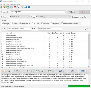 Keywords Search Tool screenshot
