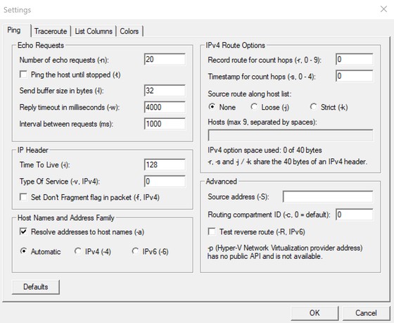 PingTrace Ping settings
