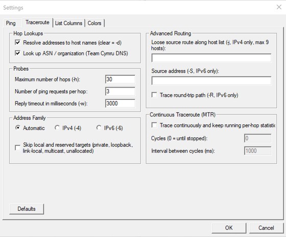 PingTrace Traceroute settings
