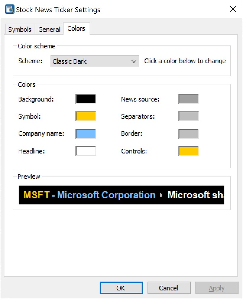 Stock News Ticker Settings - Colors page