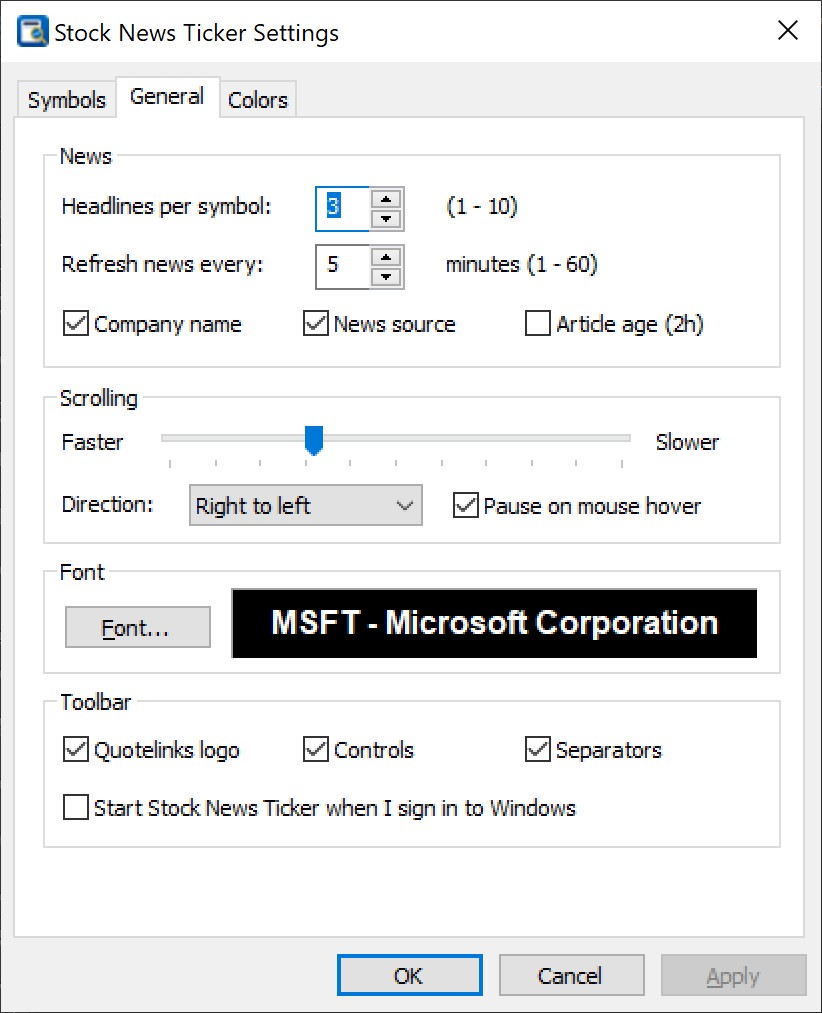 Stock News Ticker Settings - General page