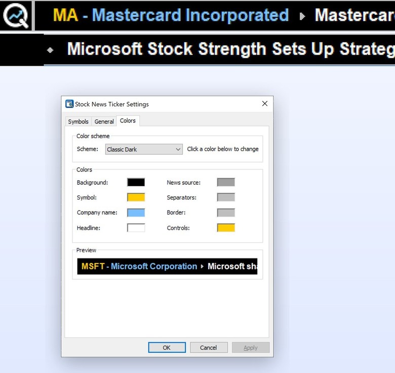 Stock News Ticker bar and Settings window