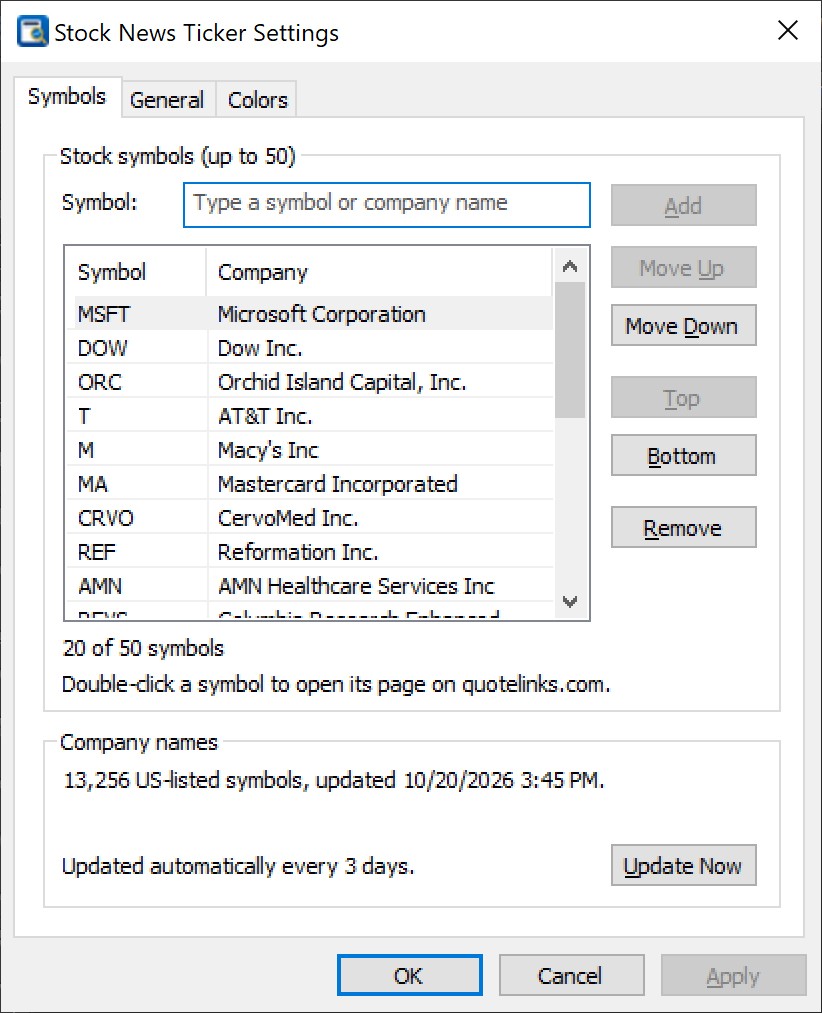 Stock News Ticker Settings - Symbols page