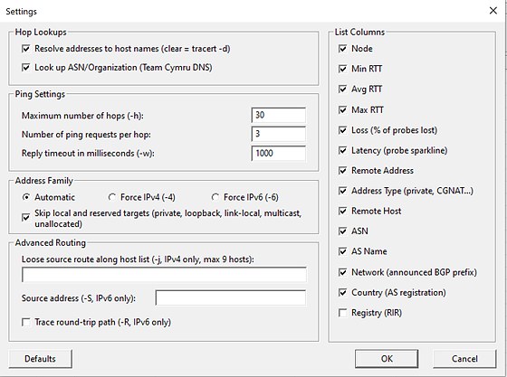 WinTraceRoute Settings dialog